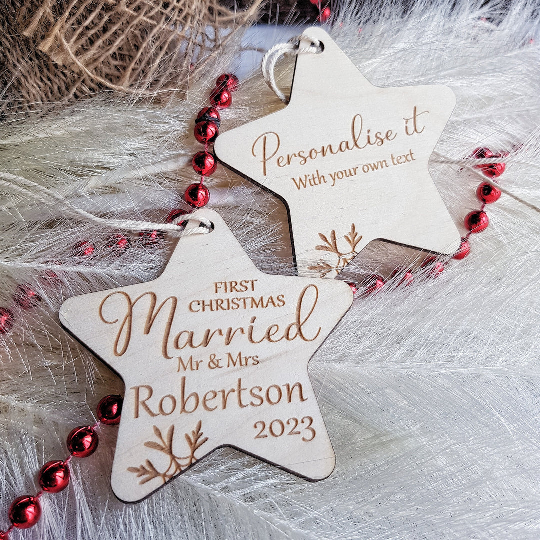 First Christmas Married Bauble - Rustic Wooden Keepsake, Christmas Tree Ornament, Festive Decoration