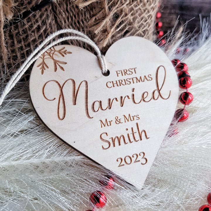 First Christmas Married Bauble - Rustic Wooden Keepsake, Christmas Tree Ornament, Festive Decoration