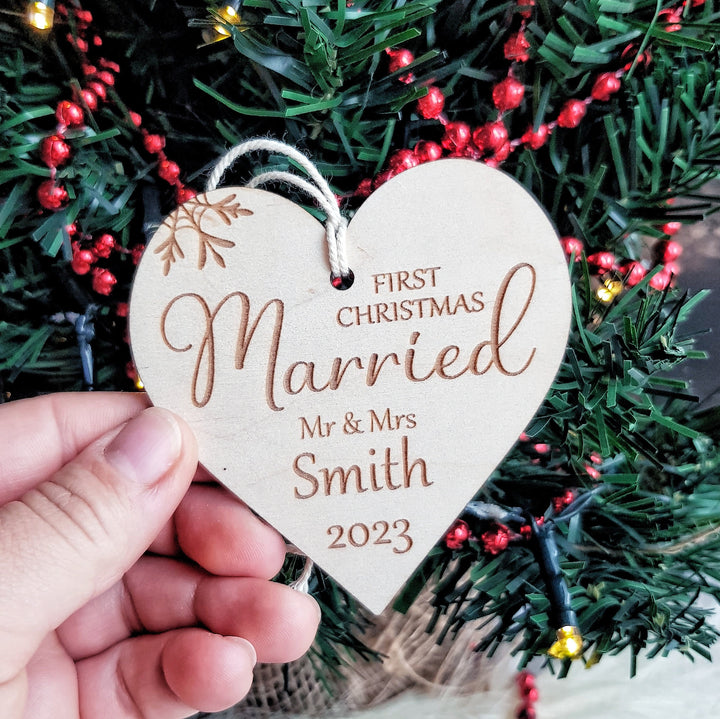 First Christmas Married Bauble - Rustic Wooden Keepsake, Christmas Tree Ornament, Festive Decoration