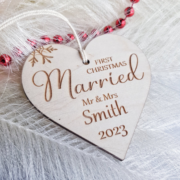 First Christmas Married Bauble - Rustic Wooden Keepsake, Christmas Tree Ornament, Festive Decoration