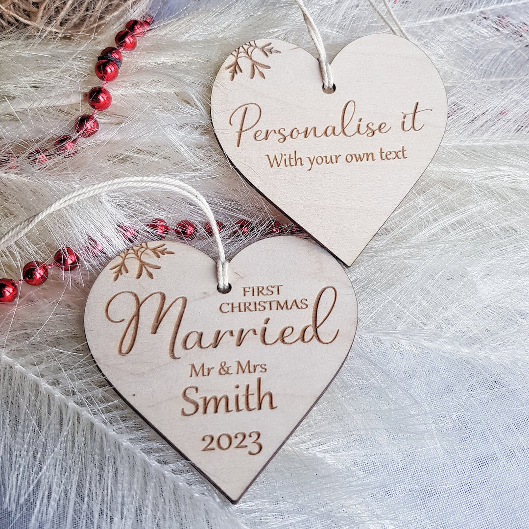 First Christmas Married Bauble - Rustic Wooden Keepsake, Christmas Tree Ornament, Festive Decoration