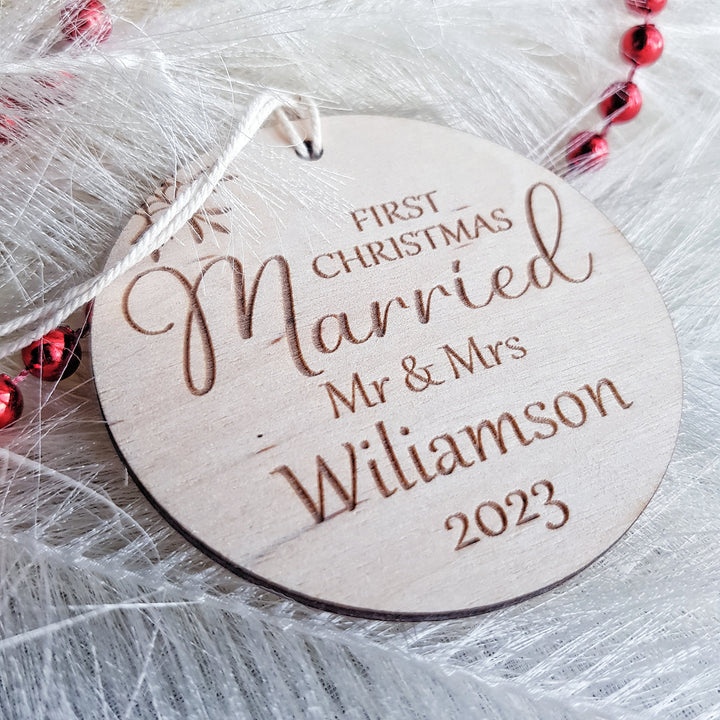 First Christmas Married Bauble - Rustic Wooden Keepsake, Christmas Tree Ornament, Festive Decoration