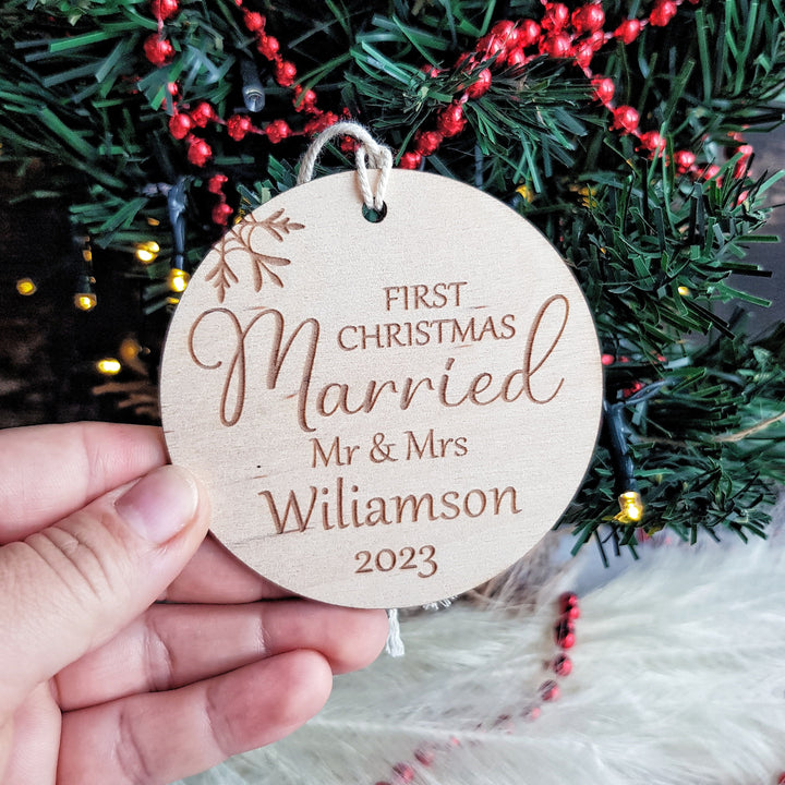 First Christmas Married Bauble - Rustic Wooden Keepsake, Christmas Tree Ornament, Festive Decoration