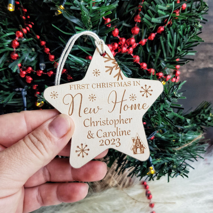 First Christmas In New Home Ornament - Personalised Tree Bauble - Wooden Keepsake - Festive Star Decoration