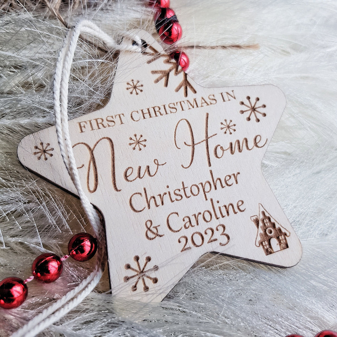 First Christmas In New Home Ornament - Personalised Tree Bauble - Wooden Keepsake - Festive Star Decoration