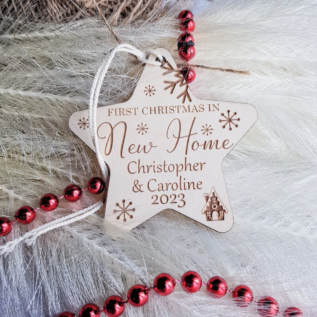 First Christmas In New Home Ornament - Personalised Tree Bauble - Wooden Keepsake - Festive Star Decoration