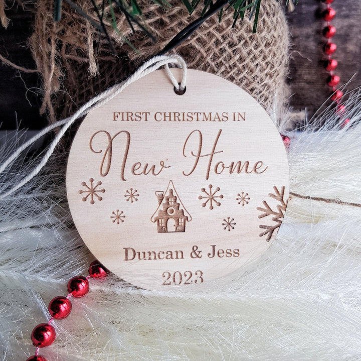 First Christmas In New Home Ornament - Personalised Tree Bauble - Wooden Keepsake - Festive Round Decoration