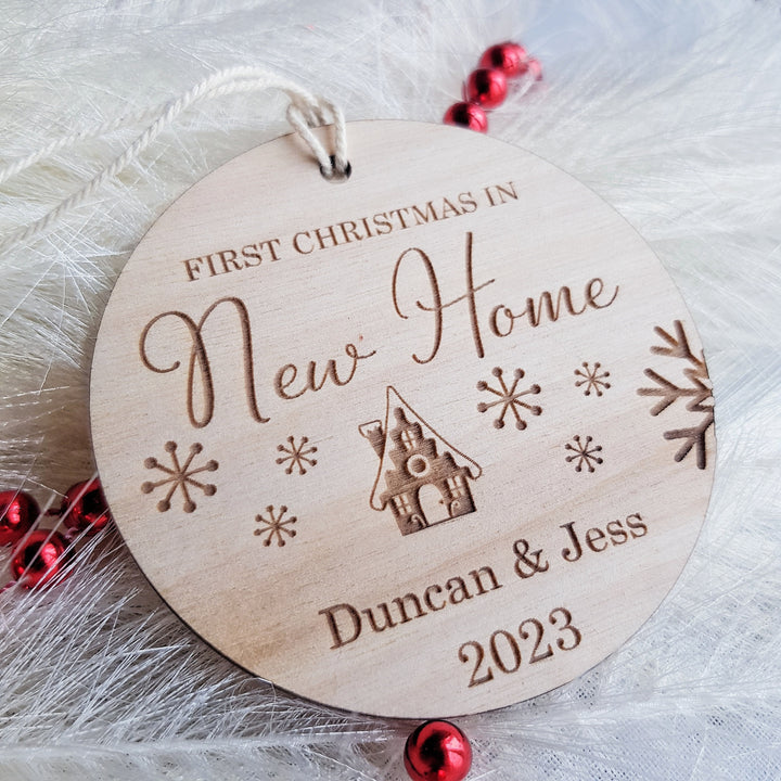 First Christmas In New Home Ornament - Personalised Tree Bauble - Wooden Keepsake - Festive Round Decoration