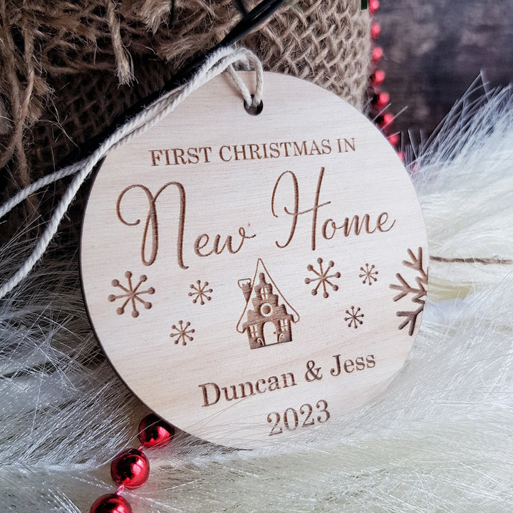 First Christmas In New Home Ornament - Personalised Tree Bauble - Wooden Keepsake - Festive Round Decoration