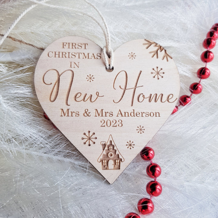 First Christmas In New Home Ornament - Personalised Tree Bauble - Wooden Keepsake - Festive Heart Decoration