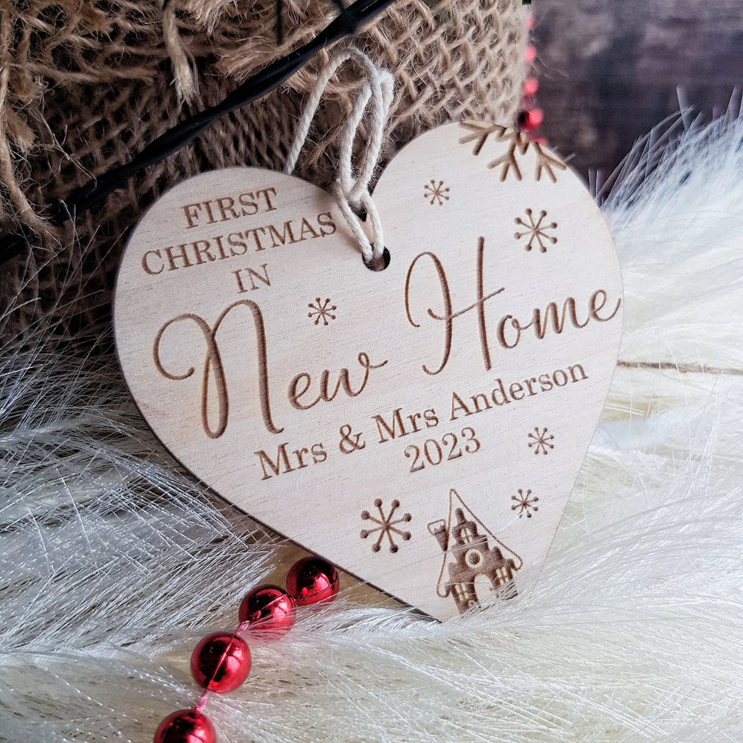 First Christmas In New Home Ornament - Personalised Tree Bauble - Wooden Keepsake - Festive Heart Decoration