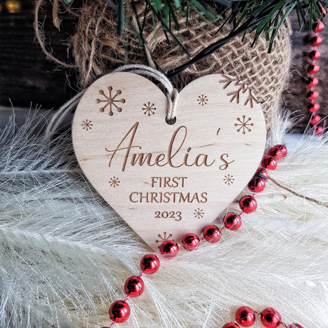 Personalised Baby's First Christmas Tree Bauble - Custom Name Wooden Ornament - Snowflakes Heart Bauble