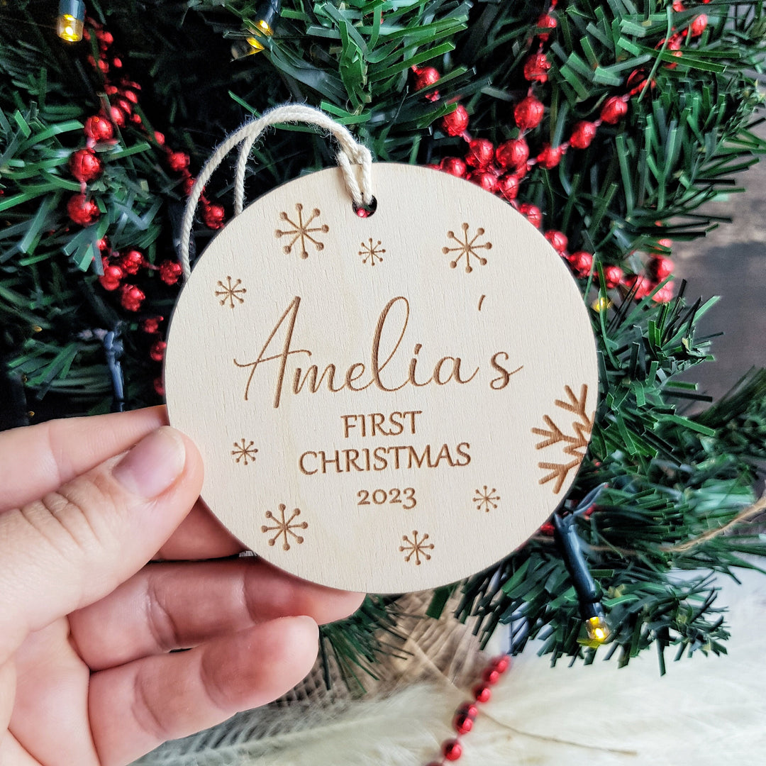 Personalised Baby's First Christmas Tree Bauble - Custom Name Wooden Ornament - Snowflakes Round Bauble