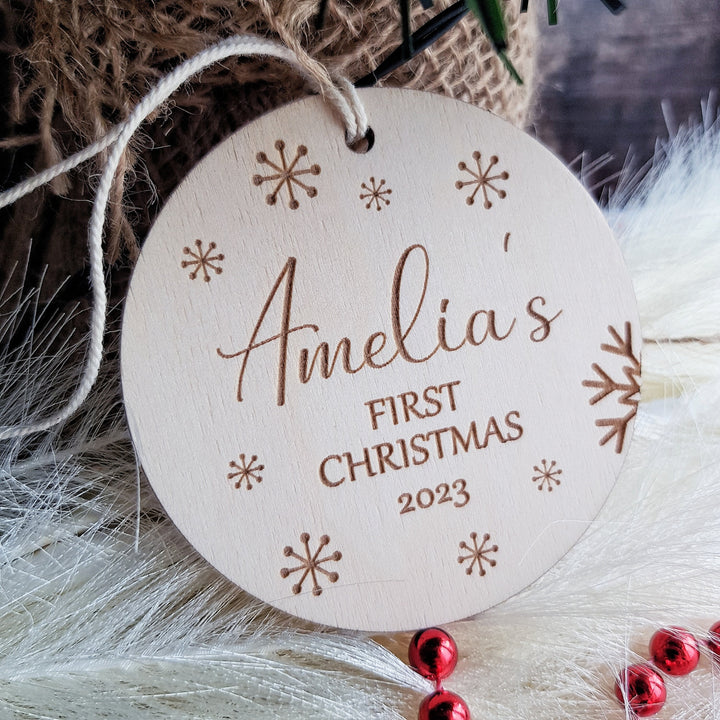 Personalised Baby's First Christmas Tree Bauble - Custom Name Wooden Ornament - Snowflakes Round Bauble