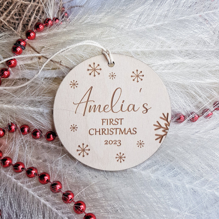 Personalised Baby's First Christmas Tree Bauble - Custom Name Wooden Ornament - Snowflakes Round Bauble