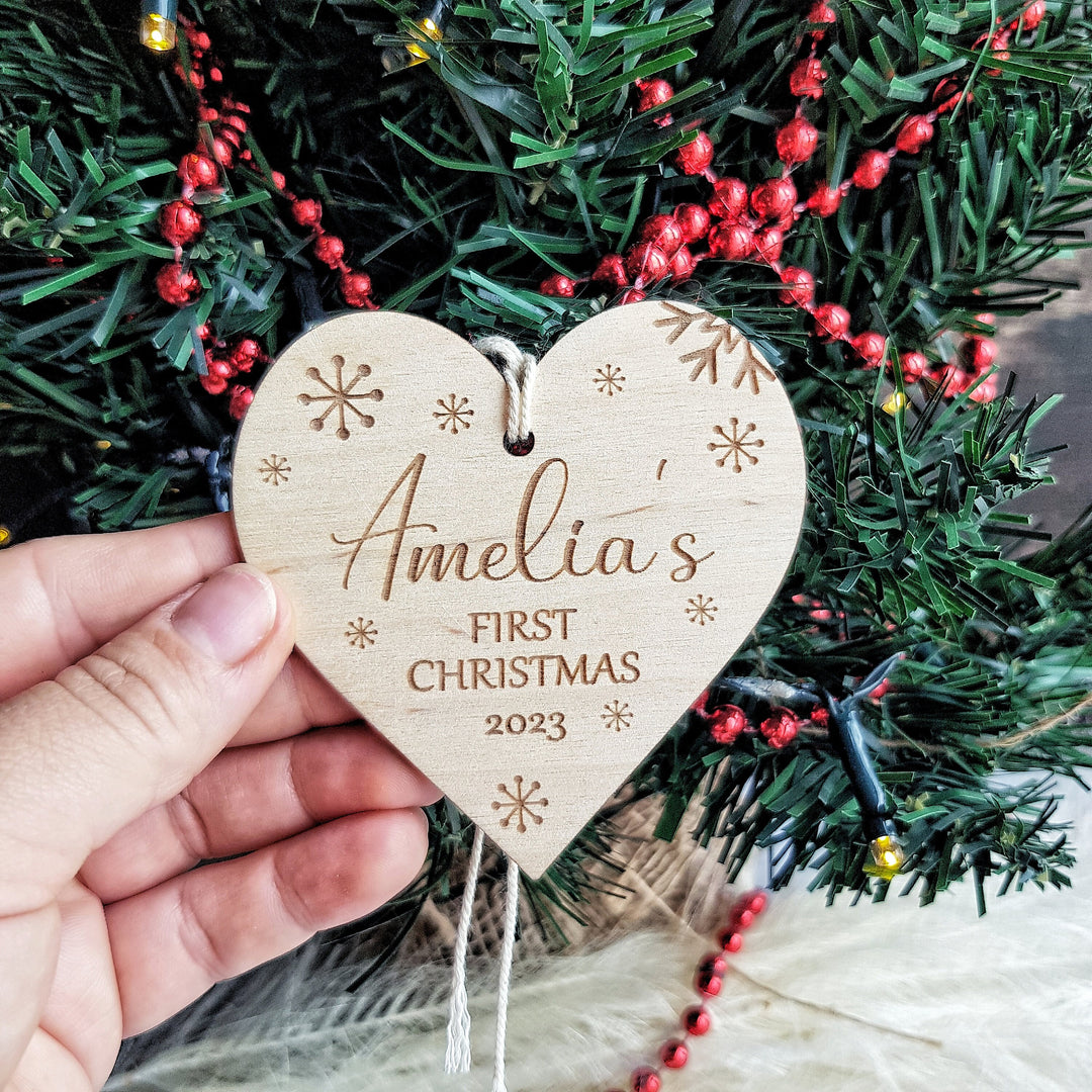 Personalised Baby's First Christmas Tree Bauble - Custom Name Wooden Ornament - Snowflakes Heart Bauble