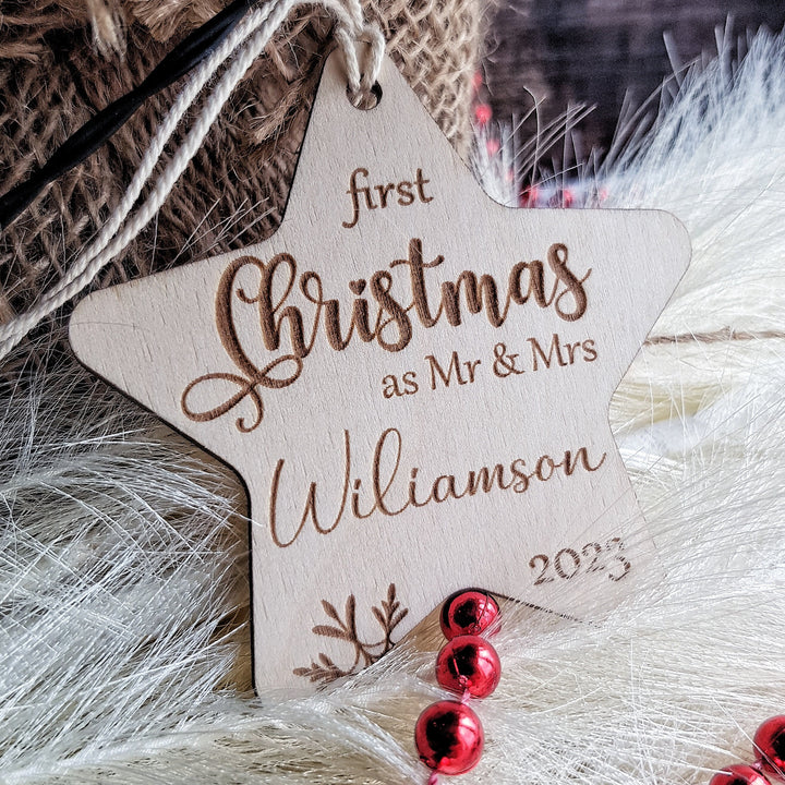 First Christmas as Mr & Mrs Bauble, First Xmas Ornament, Personalised Wooden Keepsake, Festive Star Decoration