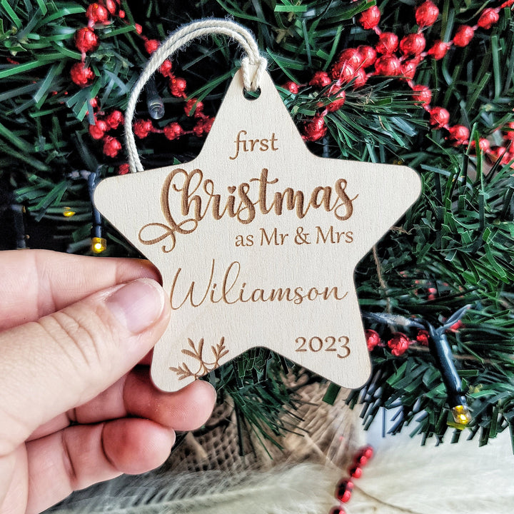 First Christmas as Mr & Mrs Bauble, First Xmas Ornament, Personalised Wooden Keepsake, Festive Star Decoration