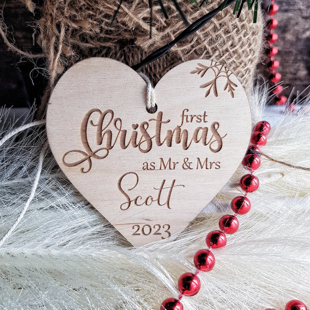 First Christmas as Mr & Mrs Bauble, First Xmas Ornament, Personalised Wooden Keepsake, Festive Heart Decoration