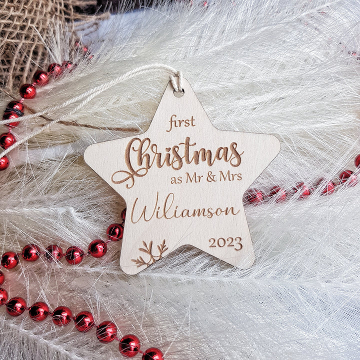 First Christmas as Mr & Mrs Bauble, First Xmas Ornament, Personalised Wooden Keepsake, Festive Star Decoration