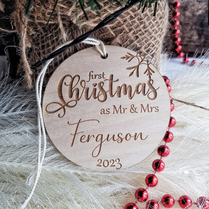 First Christmas as Mr & Mrs Bauble, First Xmas Ornament, Personalised Wooden Keepsake, Festive Round Decoration