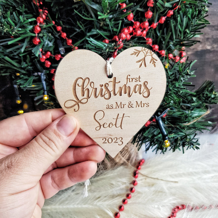 First Christmas as Mr & Mrs Bauble, First Xmas Ornament, Personalised Wooden Keepsake, Festive Heart Decoration