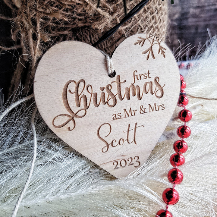 First Christmas as Mr & Mrs Bauble, First Xmas Ornament, Personalised Wooden Keepsake, Festive Heart Decoration