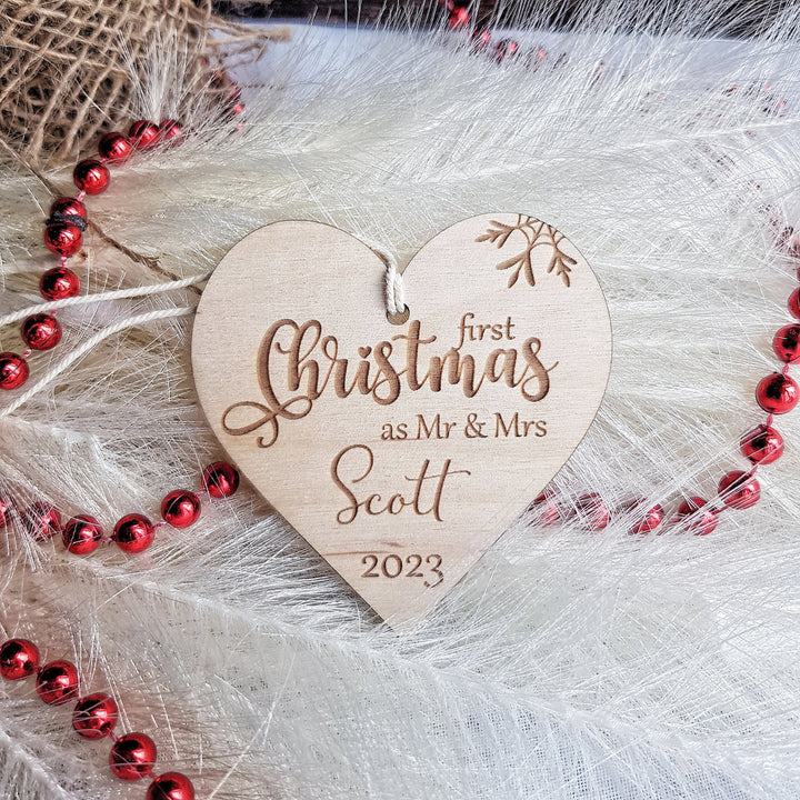 First Christmas as Mr & Mrs Bauble, First Xmas Ornament, Personalised Wooden Keepsake, Festive Heart Decoration