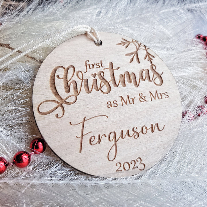 First Christmas as Mr & Mrs Bauble, First Xmas Ornament, Personalised Wooden Keepsake, Festive Round Decoration