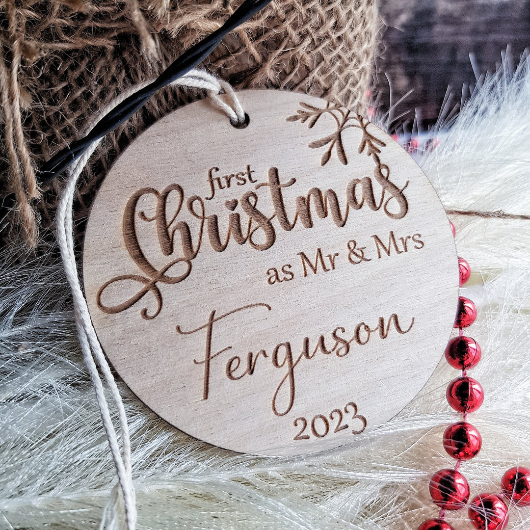 First Christmas as Mr & Mrs Bauble, First Xmas Ornament, Personalised Wooden Keepsake, Festive Round Decoration