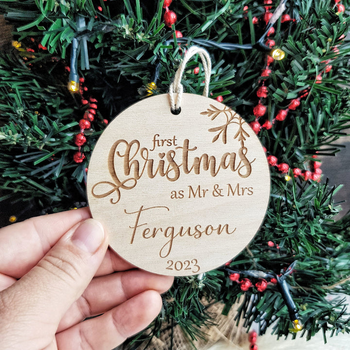 First Christmas as Mr & Mrs Bauble, First Xmas Ornament, Personalised Wooden Keepsake, Festive Round Decoration