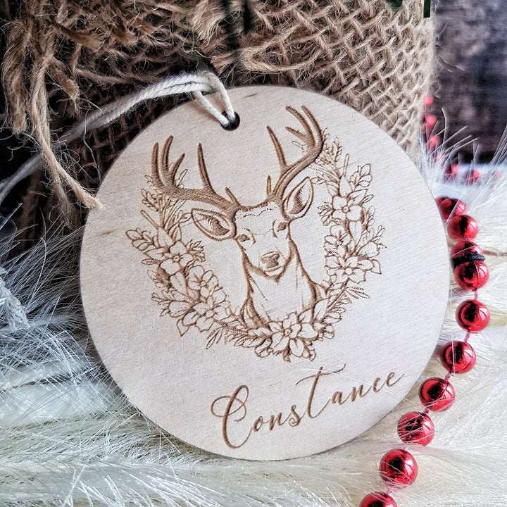 Floral Wreath Deer Wooden Bauble Christmas Ornament - Customizable Keepsake - Personalised Festive Tree Decoration