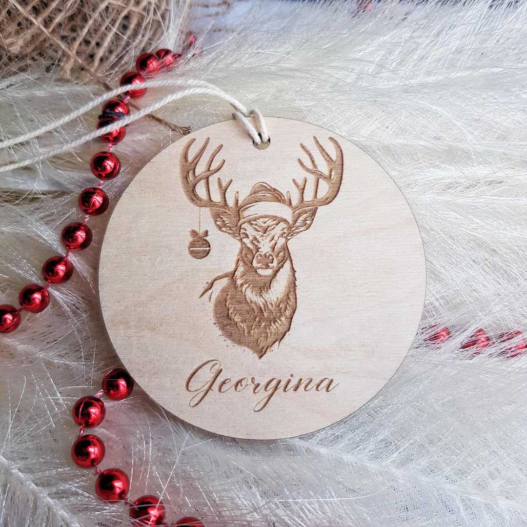 Christmas Deer Wooden Bauble Ornament - Customizable Keepsake - Personalised Festive Tree Decoration