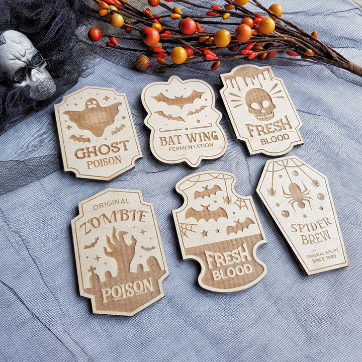 Vintage-Inspired Halloween Wooden Labels - Set of 6 Apothecary Potion Labels - Ghost Poison