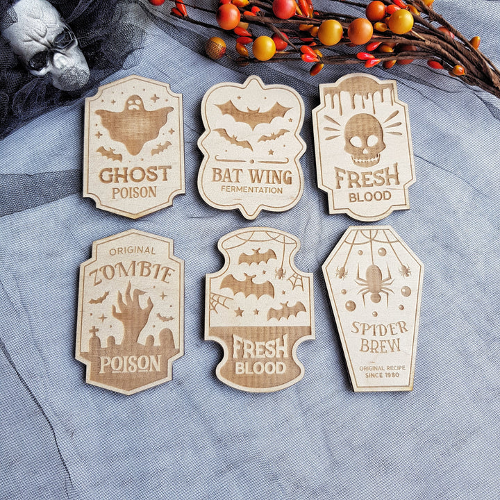 Vintage-Inspired Halloween Wooden Labels - Set of 6 Apothecary Potion Labels - Ghost Poison