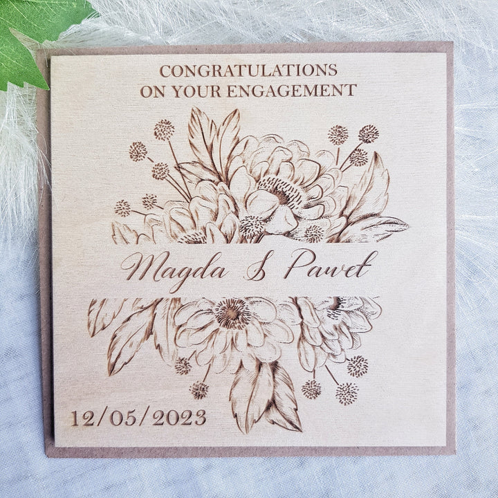 Wooden Engagement Card - Personalised Rustic Floral Keepsake, Happy Couple, Future Mr and Mrs