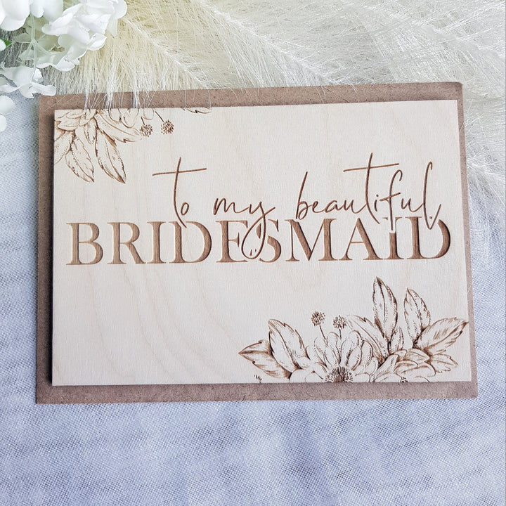 Bridesmaid Wooden Thank You Card - Personalised Rustic Floral Keepsake for Beautiful Maid of Honour, Flower Girl - Bride Squad