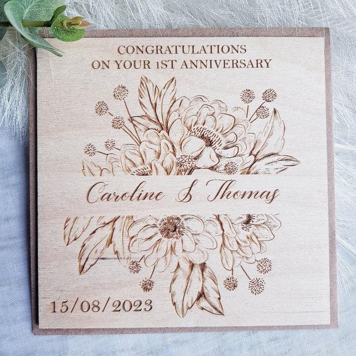 Anniversary Wooden Card - Personalised Rustic Floral Keepsake, Happy Couple, 1st 5th 20th Paper Wood Ruby Golden Oak Wedding Anniversary