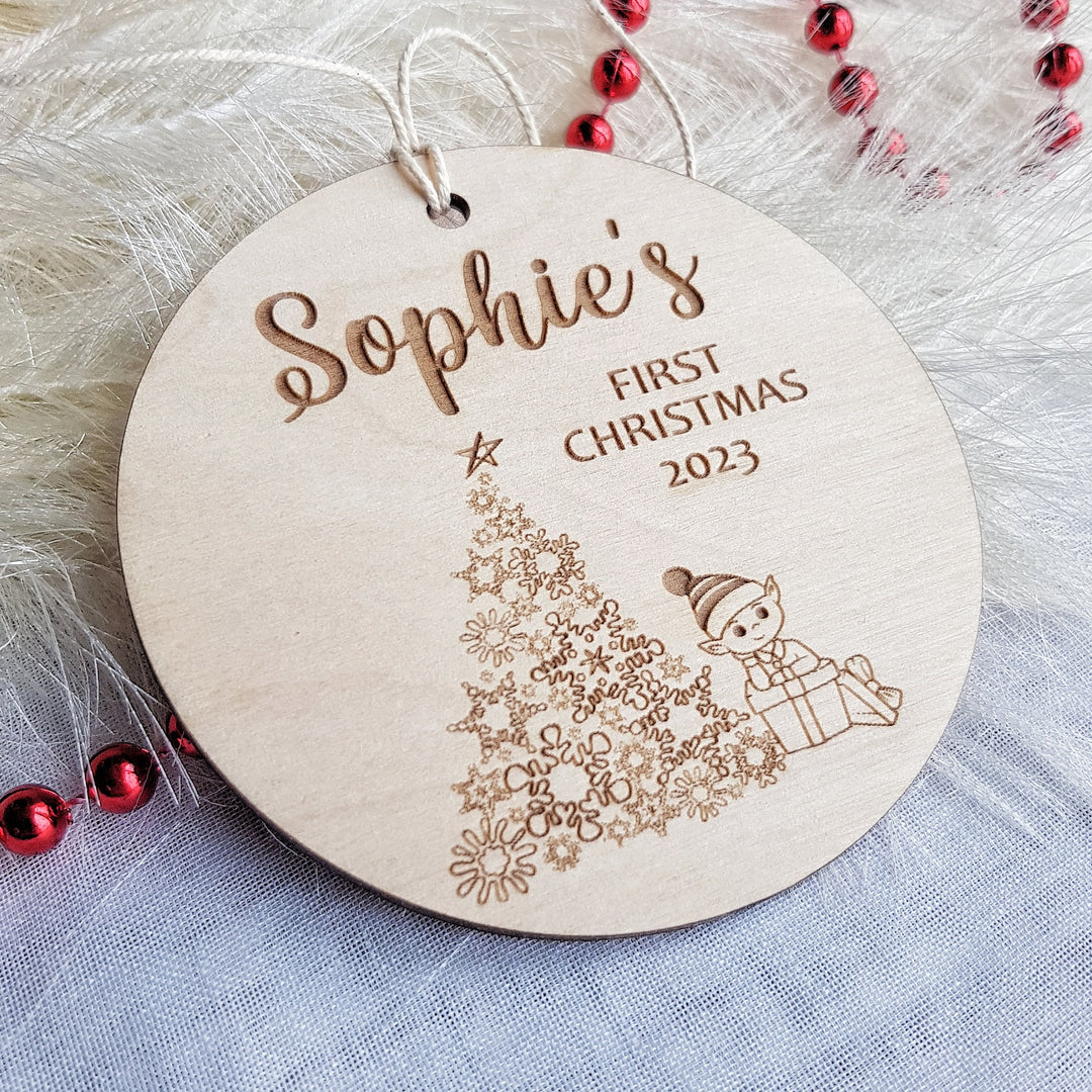 Personalised Baby's First Christmas Tree Bauble - Round Wooden Ornament with Gnome Design, Rustic Decoration, Custom Keepsake