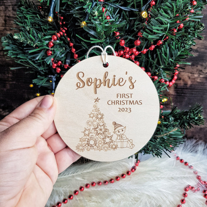 Personalised Baby's First Christmas Tree Bauble - Round Wooden Ornament with Gnome Design, Rustic Decoration, Custom Keepsake