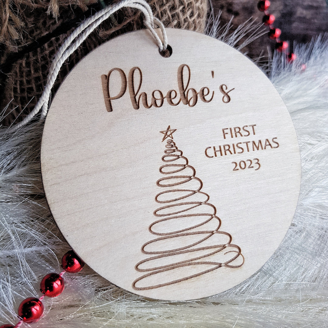 Personalised Baby's First Christmas Tree Bauble, Round Wooden Ornament with modern Christmas Tree design, Rustic Decoration, Custom Keepsake