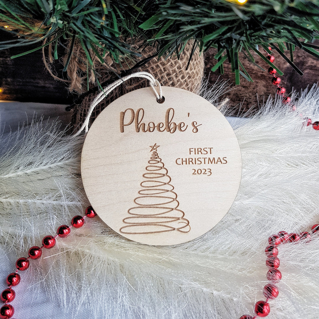 Personalised Baby's First Christmas Tree Bauble, Round Wooden Ornament with modern Christmas Tree design, Rustic Decoration, Custom Keepsake