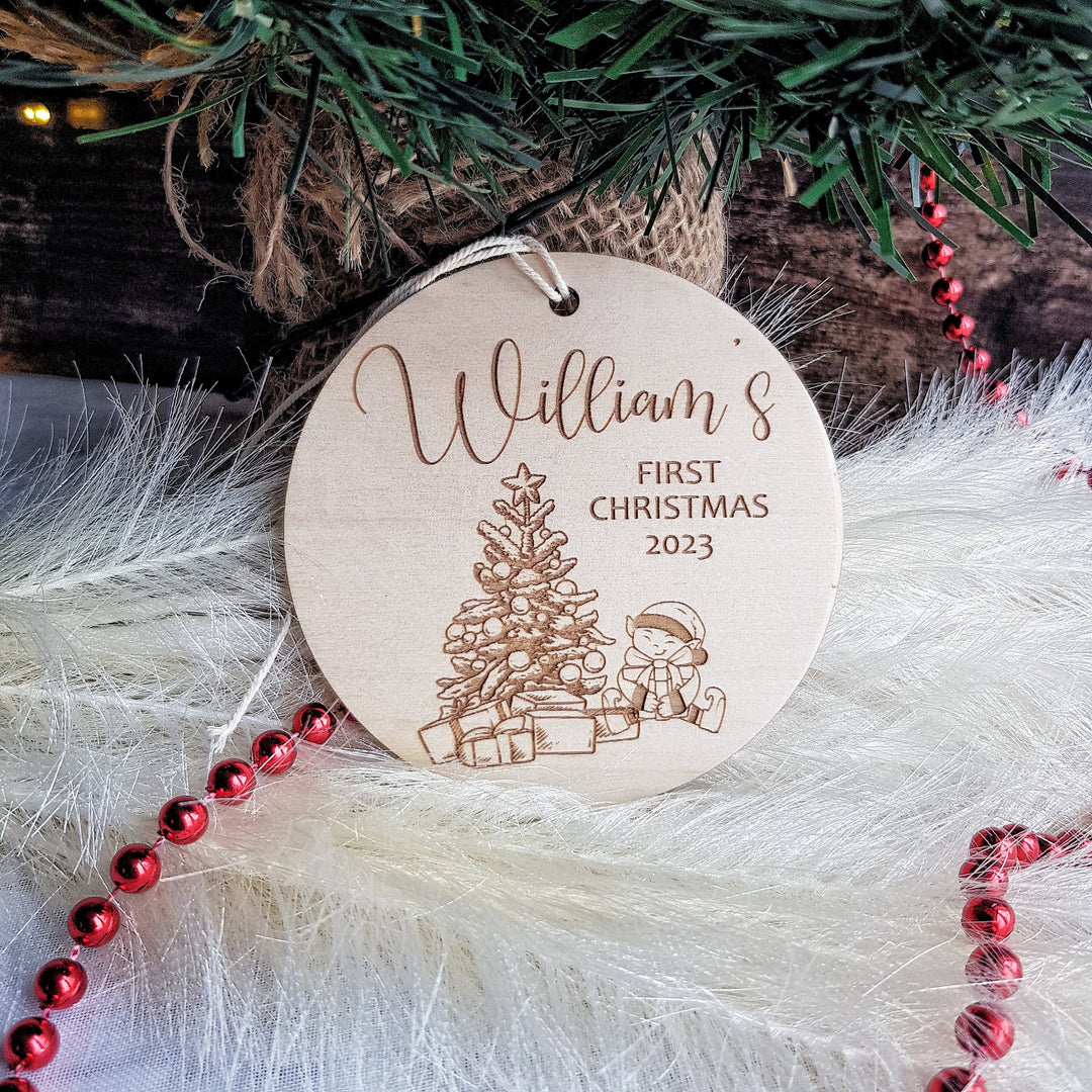 Baby's First Christmas Tree Bauble - Personalised Round Wooden Ornament with Christmas Tree design and Baby's Name