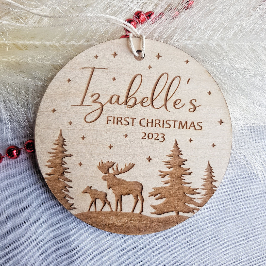 Personalised Baby's First Christmas Tree Bauble - Round Wooden Ornament with Christmas Forest and Winter Moose design