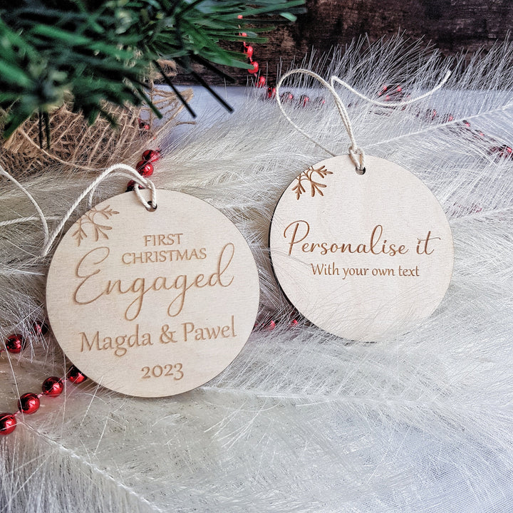 First Christmas Engaged Round Bauble - Personalised Wooden Keepsake, Rustic Tree Ornament, Festive Decoration