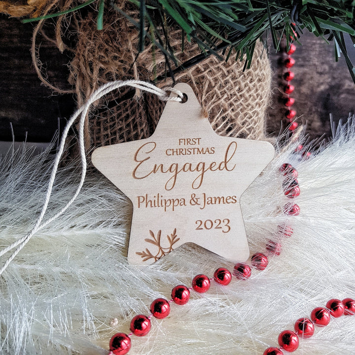 First Christmas Engaged Star Bauble - Personalised Wooden Keepsake, Rustic Tree Ornament, Festive Decoration