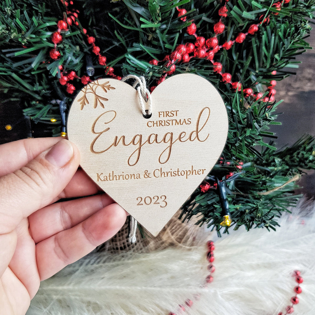 First Christmas Engaged Heart Bauble - Personalised Wooden Keepsake, Rustic Tree Ornament, Festive Decoration