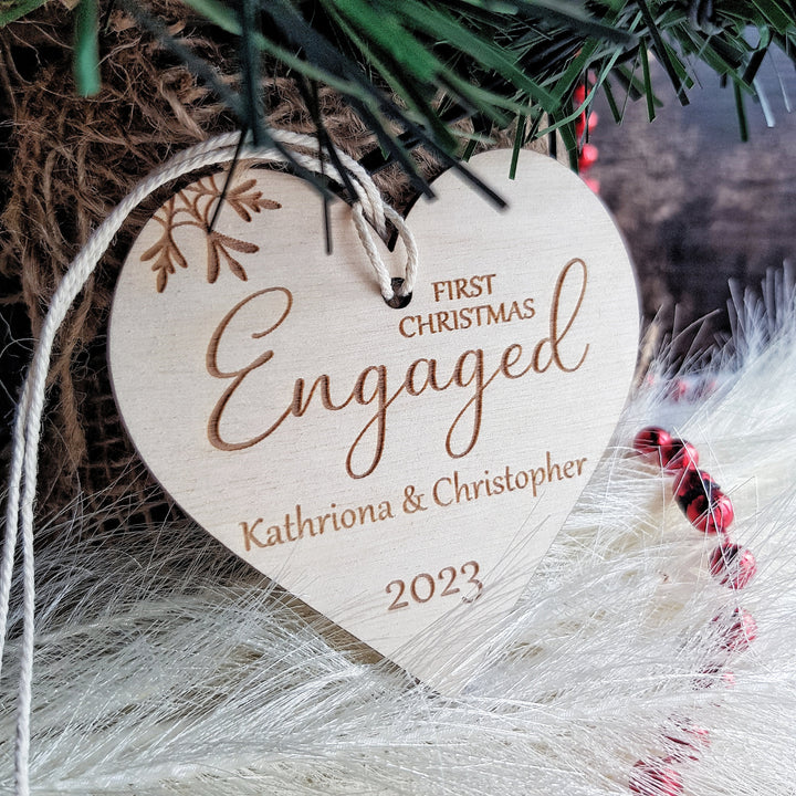 First Christmas Engaged Heart Bauble - Personalised Wooden Keepsake, Rustic Tree Ornament, Festive Decoration