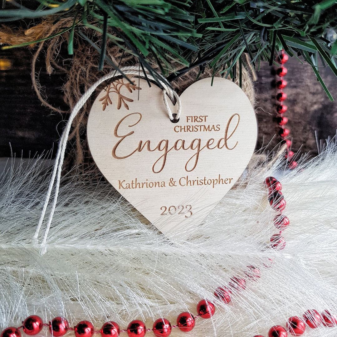 First Christmas Engaged Heart Bauble - Personalised Wooden Keepsake, Rustic Tree Ornament, Festive Decoration