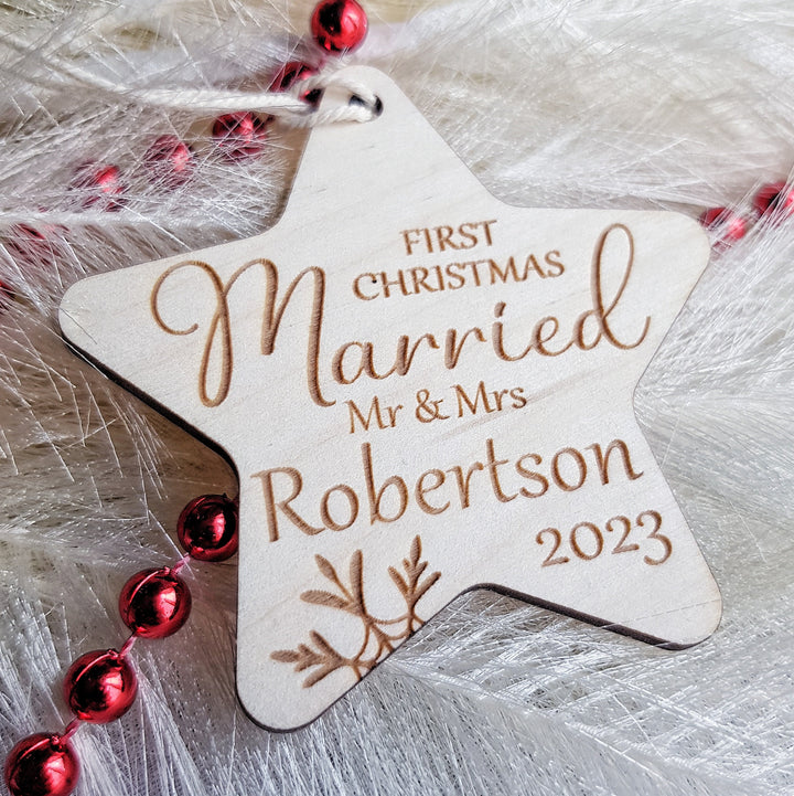 First Christmas Married Bauble - Rustic Wooden Keepsake, Christmas Tree Ornament, Festive Decoration